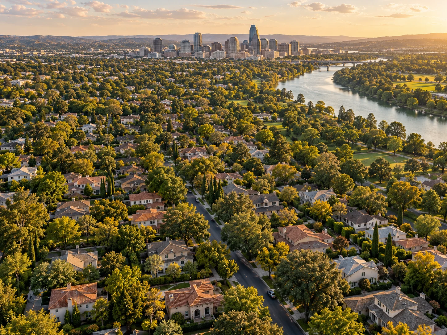 Illustrative aerial view of a leafy neighborhood connected to a riverfront and city skyline